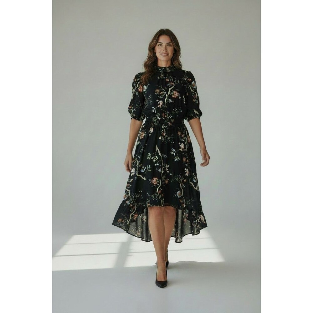Nanette Lepore Size 6 Floral Black Lo High Hem Dress